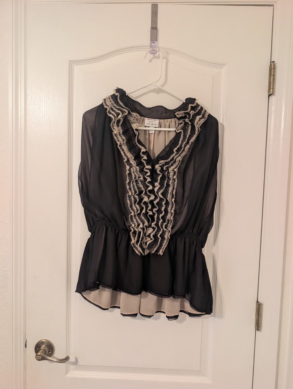 Neiman Marcus Robert Rodriguez Women's Black/Tan Ruffle Top Large